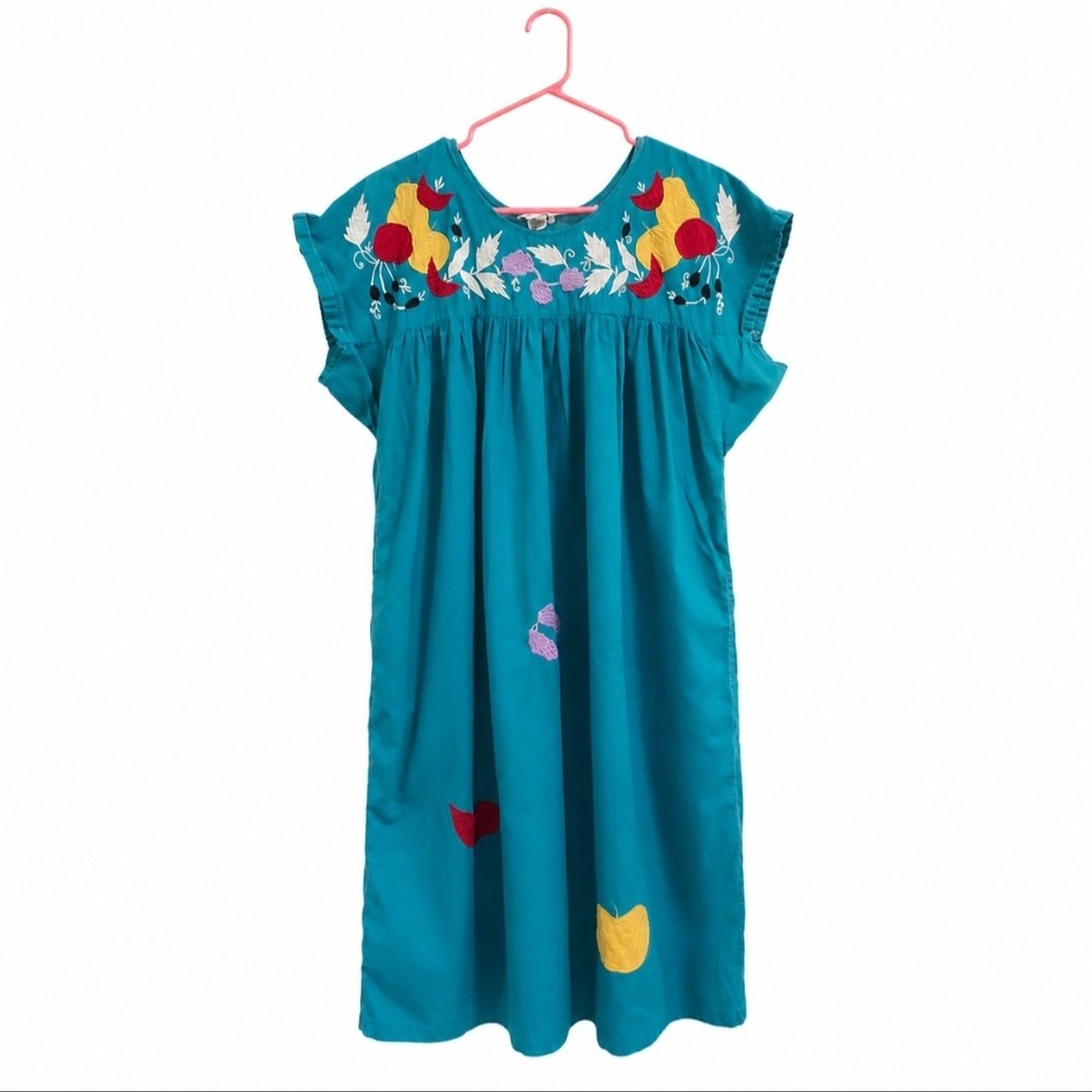 Lindsey Blake Vintage Teal Cotton Embroidered Fruit Boho Shift Dress Womens L